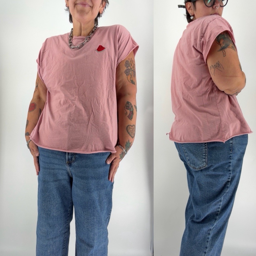 Ring of Fire faded salmon grunge cropped edgy boxy tee embroidered shirt XL Y2K